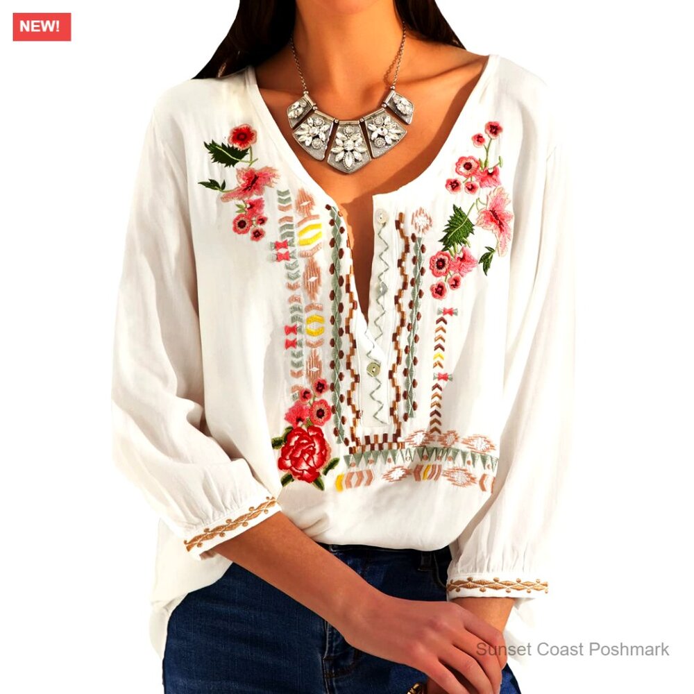 Floral Embroidered Tunic Blouse Off White Multicolor Boho Spring  Resort New